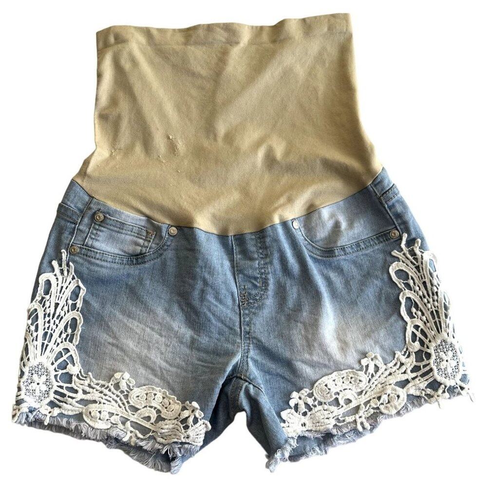 Bella Vida Maternity Jean Shorts Women Small Embroidered Stretch Blue Pull on